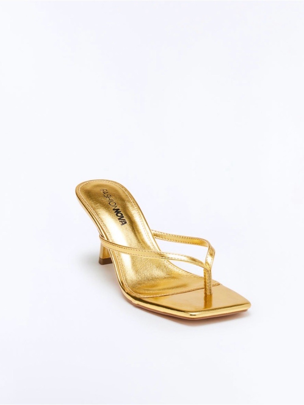 Lavish Metallic Gold Square-Toe Thong Kitten Heel Mule
